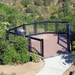 Black Framed Glass Railing. 3" Post. Saddle Brown Lockdry Waterproof Aluminum Decking.<br> Monitor colors will vary. Request a color sample. G6