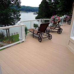 Buckskin Decking - White Glass Railings<br> Monitor colors will vary. Request a color sample. LD23