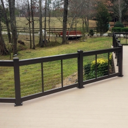 Saddle Brown Traditional Cable Railing. Buckskin Lockdry aluminum decking.<br> Monitor colors will vary. Request a color sample. T1