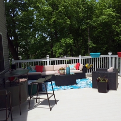 White Traditional Picket Railing. Light Grey Lockdry aluminum decking.<br> Monitor colors will vary. Request a color sample. T22