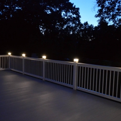 White Traditional Picket Railing. Light Grey Lockdry aluminum decking.<br> Monitor colors will vary. Request a color sample. T24