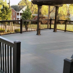 Burnished Slate Traditional Picket Railing. Buckskin Lockdry aluminum decking. Coolbreeze Pergola<br> Monitor colors will vary. Request a color sample. T4