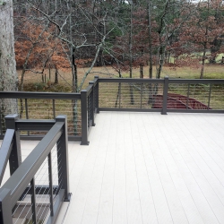 Burnished Slate Traditional Cable Railing. Light Grey Lockdry aluminum decking.<br> Monitor colors will vary. Request a color sample. T8